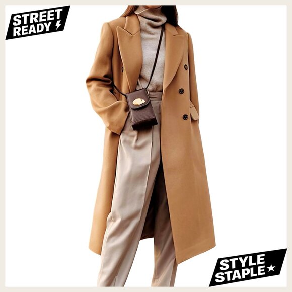 Long Wool Pea Coat Double Breasted Trench Coat Women's Winter Overcoat